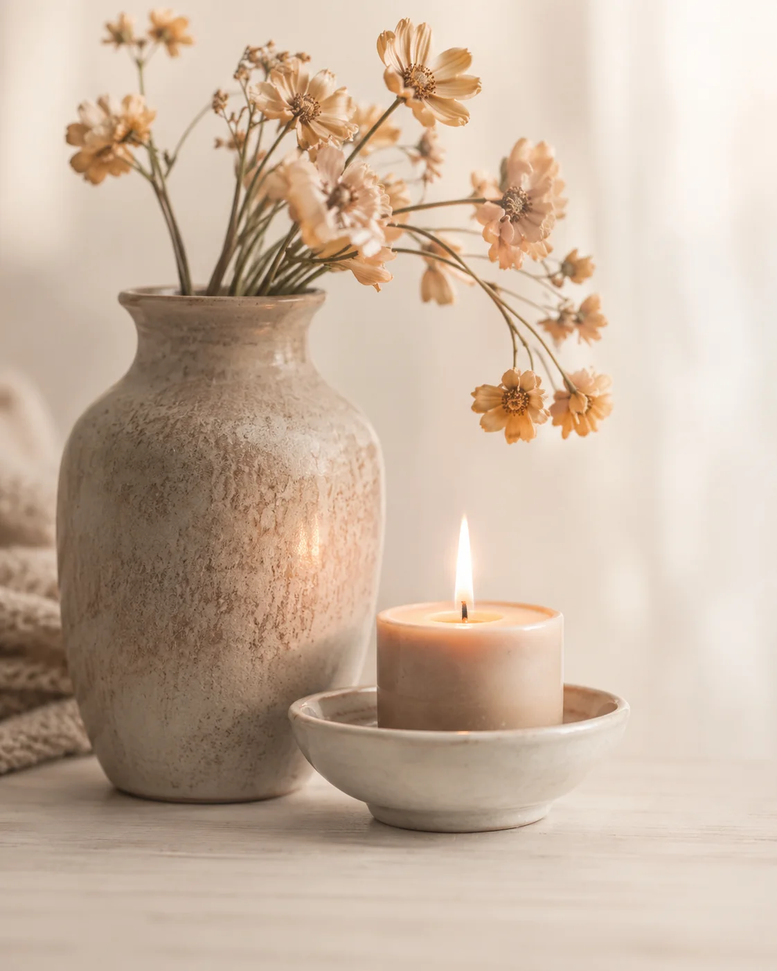 Ceramic vase with dried flowers and a small candle in warm light