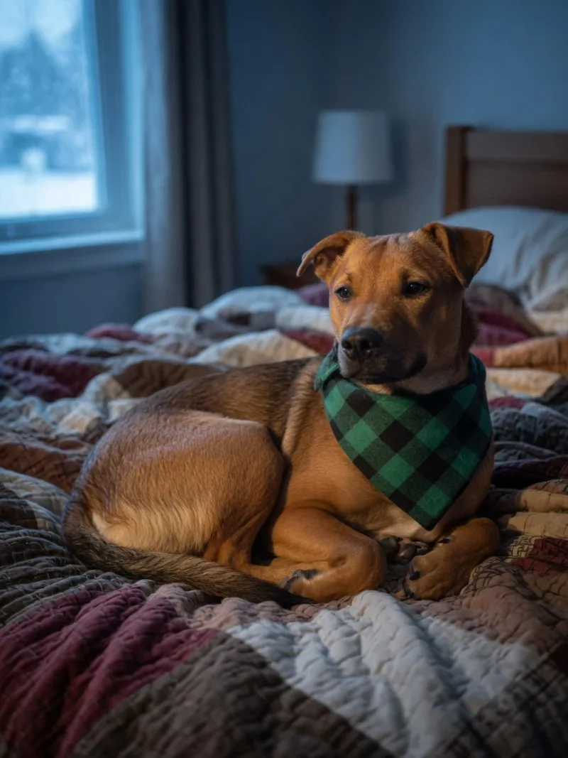 New keepsake portrait of Bella resting on a quilt in a softly lit bedroom.