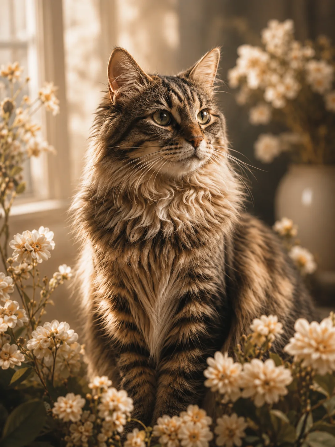 Generated tabby cat keepsake with cream blossoms
