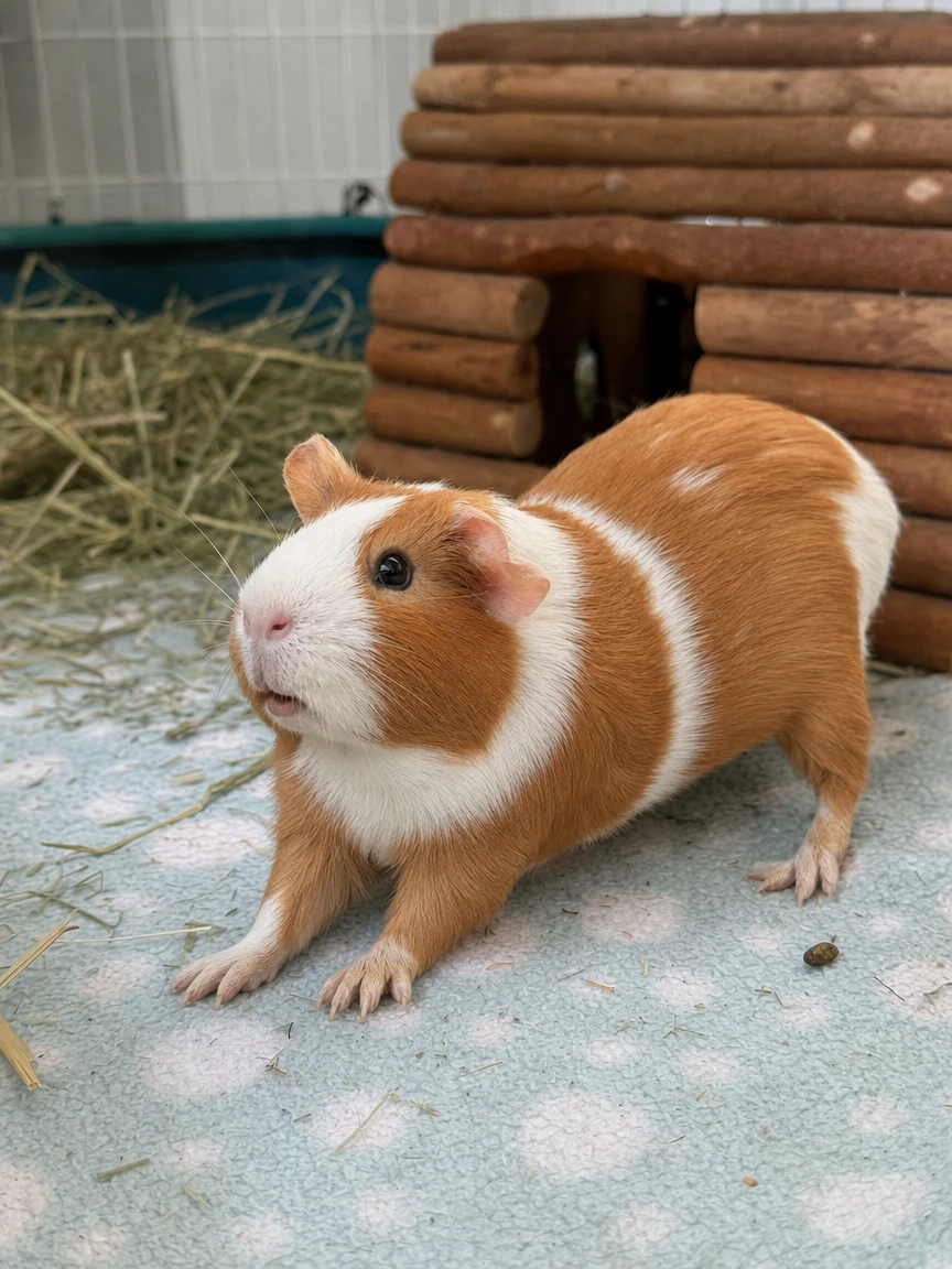 Biscuit's finished keepsake in a hay-lined guinea pig pen