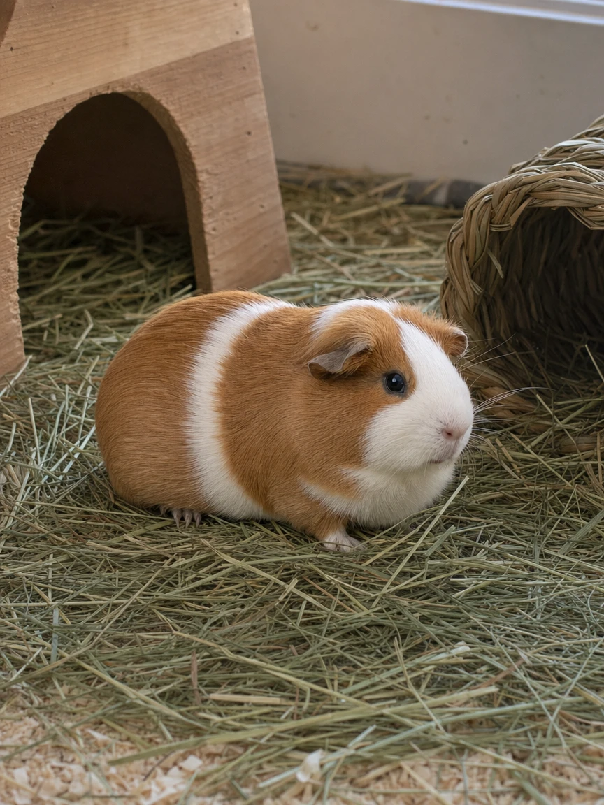 Biscuit's finished keepsake beside a wooden hide in hay