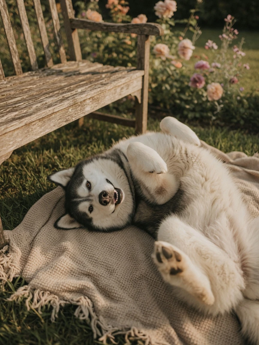 Nova's finished keepsake rolling in the grass by a garden bench