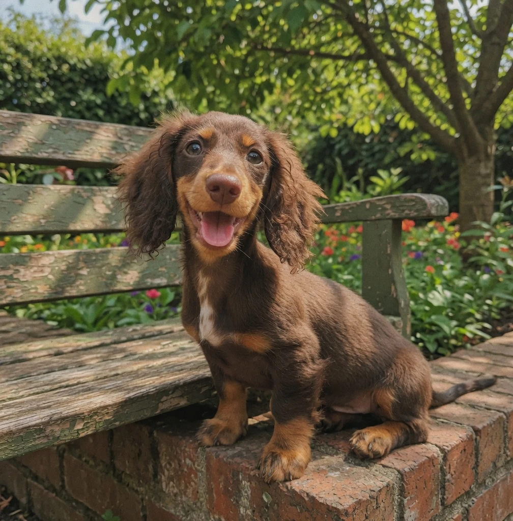 Otis in a quick snapshot beside a garden bench