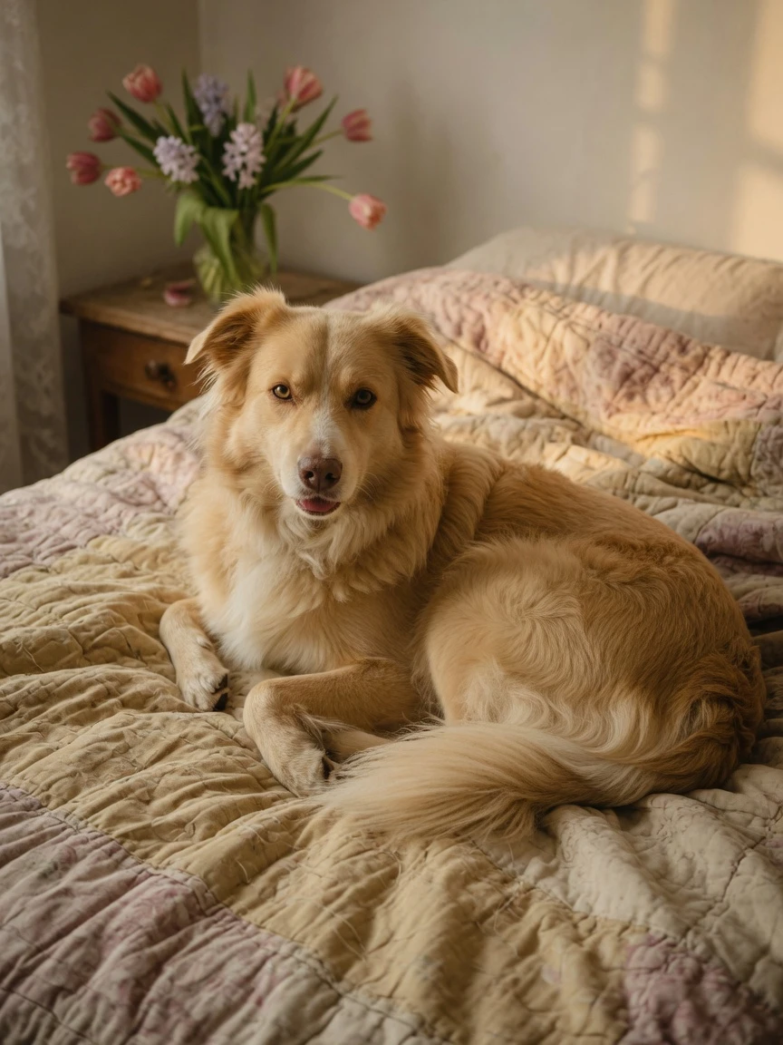 Sunny's finished keepsake portrait on a bedroom quilt