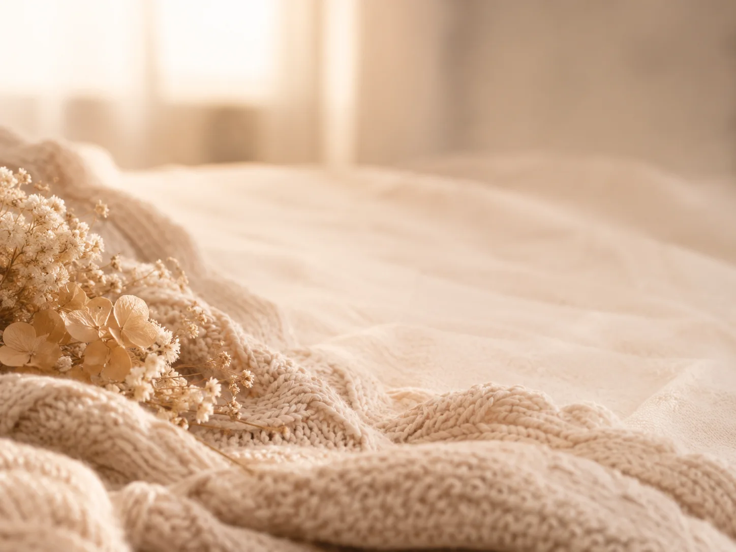 Cream blanket with dried flowers in soft morning light